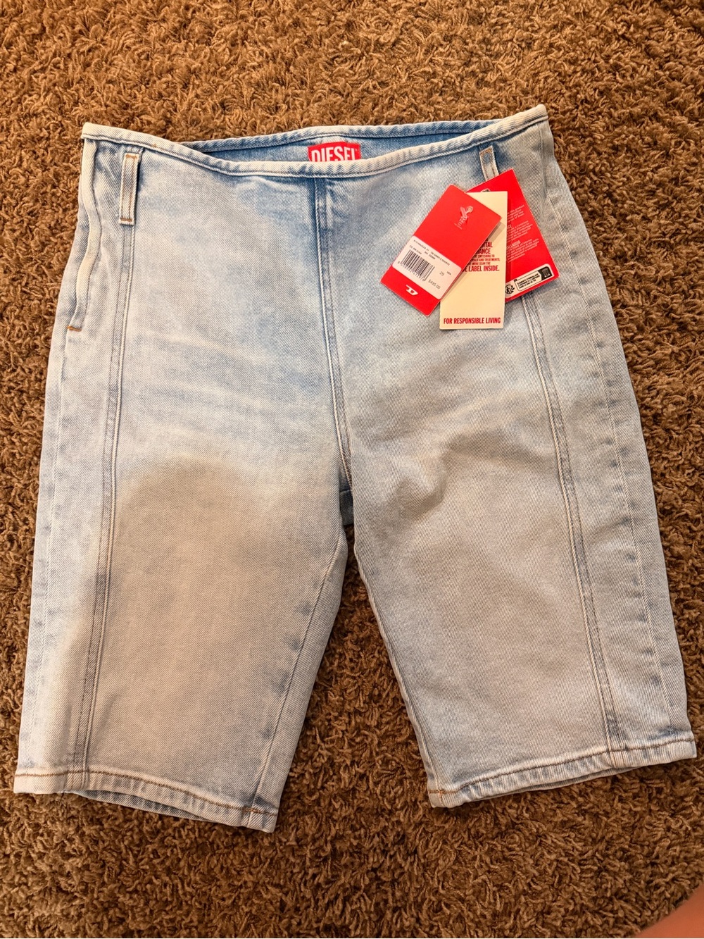 Diesel Light Wash Blue Denim Shorts with Red Tag